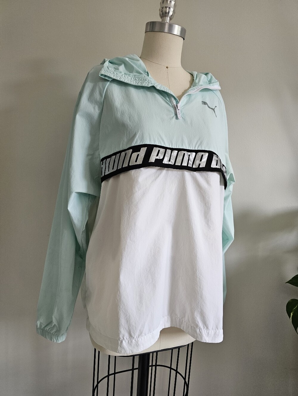 PUMA mint green and white quarter zip windbreaker pullover jacket with hood
